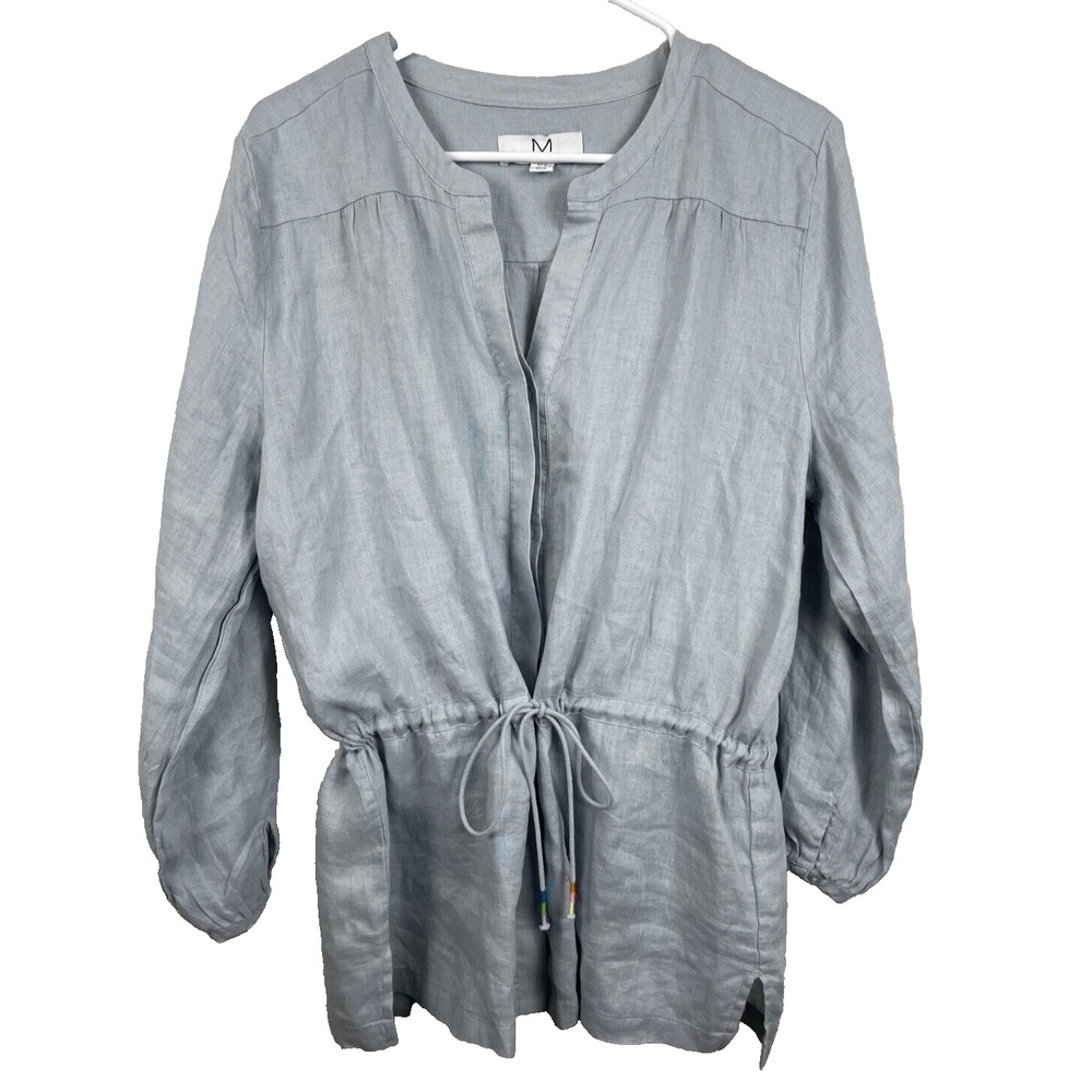 Magaschoni 100% Linen Tunic Top Large Blue Long Sleeve Button Down‎ Shirt Blouse